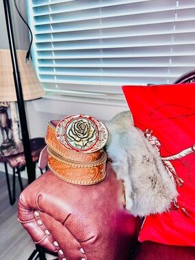 Tooled Leather Belt with Rose Concho - Brown & Gold